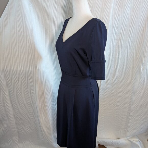 Pink Tartan Navy Stretch Sheath Dress Pockets Zip Back Size Small Tailored Fit - Picture 2 of 13